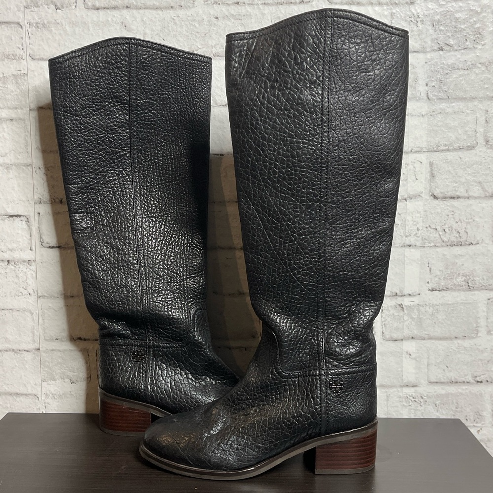 Tory Burch Fulton black pebbled leather knee boots